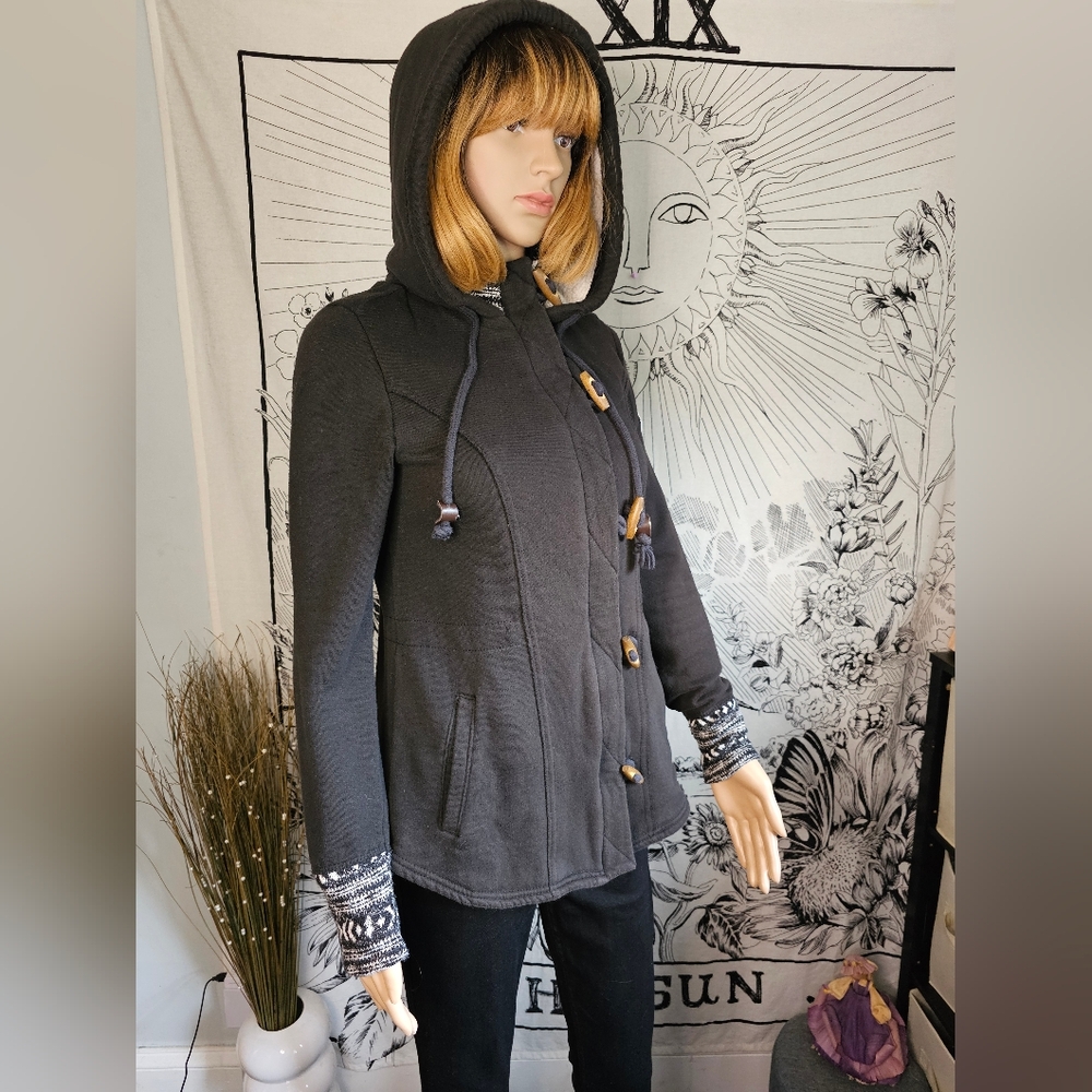 EUC Vintage Y2K Hollister Charcoal Hooded Toggle Coat Sherpa Lined Medium